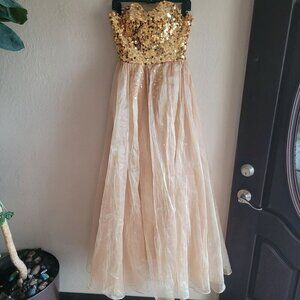 Gold Sequin Strapless Sweetheart Neckline Evening Gown With Sheer Flowing Skirt